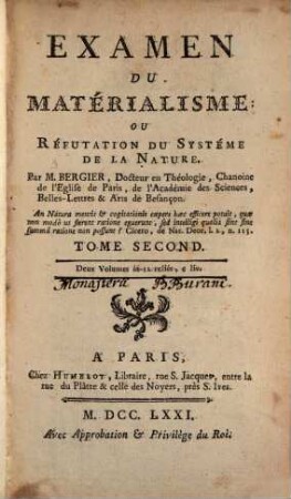 Examen du matérialisme, ou réfutation du système de la nature, 2