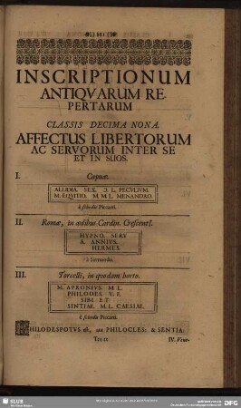 Classis Decima Nona. Affectus Libertorum Ac Servorum Inte Se Et In Suos
