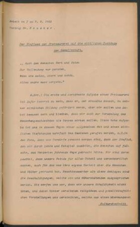 Arbeit in I am 7.9.1921 Vortrag Br. Kroener. Der Einfluss der Freimaurerei auf die sittlichen Zustände der Gesellschaft.