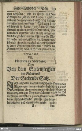 Titulus VII. Pleuritis ex Scorburo; Oder Von dem Seitenstechen im Scharbock