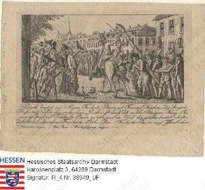 Mainz, 1793 um / Verfolgung der Jakobiner in der Mainzer Republik, Szenenbild: Attacke auf den Freiheitsbaum, mit Bildlegende