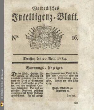 No. 16, Dienstag den 20. April 1784