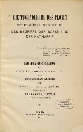 Die Tugendlehre des Plotin : Mit bes. Berücks. der Begriffe des Bösen u. der Katharsis