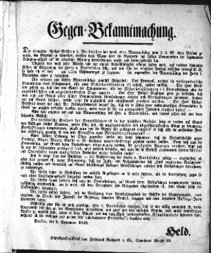Gegen-Bekanntmachung. Der Königliche Polizei=Präsident v[on] Bardeleben [...] (Sammlung Friedlaender)