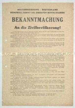 Bekanntmachung der Besatzungsmacht über die Einsetzung einer Militärregierung (zweisprachig)
