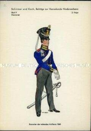 Uniformdarstellung, Kanonier der Artillerie zu Pferde, Königreich Hannover, 1840.