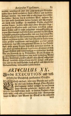 Articulus XX. Von der Execution und vollziehung der Gerichtlich zuerkannten Straffen.