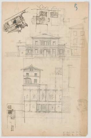 Thiersch, August ; München, Georgenstr.; Privathaus, Projekt - Teilgrundrisse, Ansichten, Teilansicht