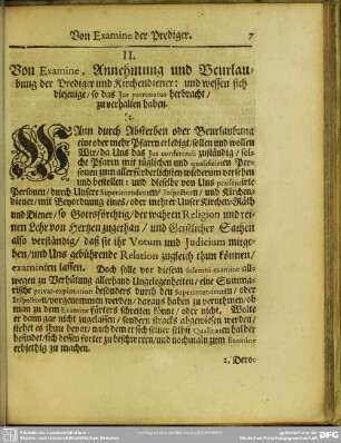 II. Von Examine, Annehmung und Beurlaubung der Prediger und Kirchendiener: und wessen sich diejenige, so das Jus patronatus herbracht, zu verhalten haben