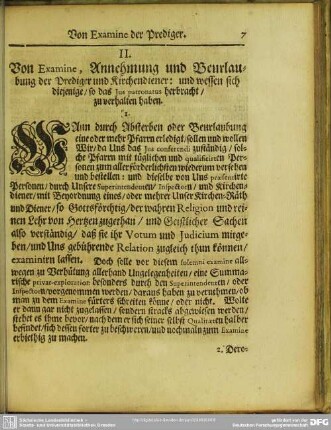 II. Von Examine, Annehmung und Beurlaubung der Prediger und Kirchendiener: und wessen sich diejenige, so das Jus patronatus herbracht, zu verhalten haben