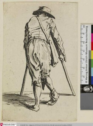 [Der Bettler mit den Krücken, von hinten gesehen; Le Mendiant aux bégilles coiffé d'un chapeau]