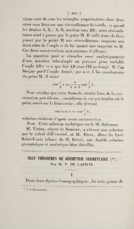 Neuf théorèmes de géométrie segmentaire.