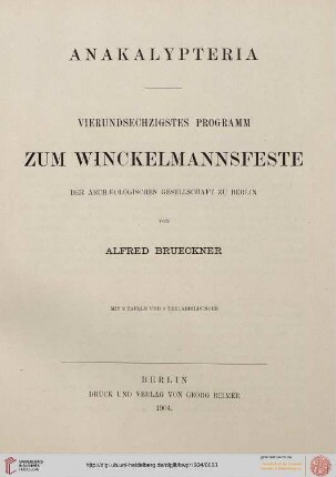 Band 64: Programm zum Winckelmannsfeste der Archäologischen Gesellschaft zu Berlin: Anakalypteria