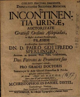 Disputationem Solennem Medicam, De Incontinentia Urinae