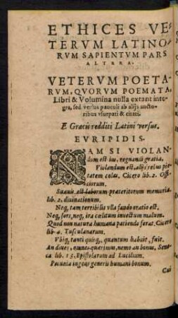 Ethices Veterum Latinorum Sapientum Pars Altera.