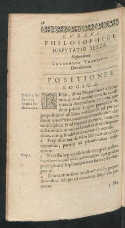 Cursus Philosophici Disputatio Sexta. Respondente Laurentio Trebnizio Dantiscano.