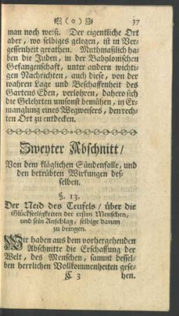 Zweyter Abschnitt / Von dem kläglichen Sündenfalle, und den betrübten Wirkungen desselben