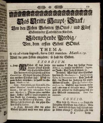 Das Dritte Haupt- Stuck/ Von den Zehen Gebotten Gottes/ und Fünf Gebotten der Catholischen Kirchen.