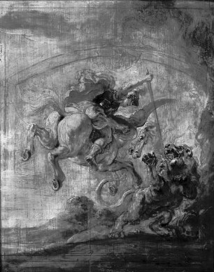 Bellerophon, auf Pegasus fliegend, tötet die Chimäre