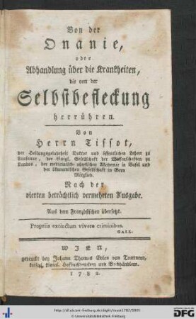 Von der Onanie, oder Abhandlung über die Krankheiten, die von der Selbstbefleckung herrühren