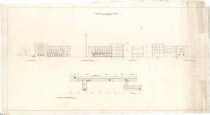 Gsaenger, Gustav; München; Luftkreiskommando - Südseite (Ansicht), Saalseite West (Ansichten m. Schnitt, Querschnitt), Grundriss 1. OG