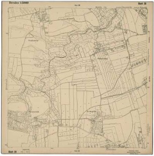 Schadensplan der Stadt Dresden. Bearbeitet 1945/1946 vom Stadtplanungsamt Dresden. [Grundlagenkarte: Plan von Dresden. Blatt 1 [Altstadt, Neustadt], mit Legende zum Zerstörungsgrad (schwarz - total zerstört; blau - schwer beschädigt; grün - mittelschwer beschädigt; rot - leicht beschädigt) : Plan von Dresden. 1911/13/38/39/40. Blatt 1-12. 14-22, 24, 27, 29, 36, 39, 41-42. Bearb. Vom Vermessungsamt. 1:5000. 1.-9.,11., 13., 14. Aufl. Dresden 1911/13/38/39/40. 50 x 50 cm. Die Blätter 23, 25, 28 und 40 sind nur unter Schadensplan zu finden.