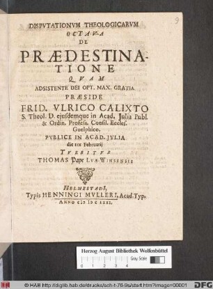 Disputationum Theologicarum Octava De Praedestinatione