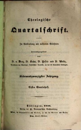 Theologische Quartalschrift : ThQ ; Tübingen. 27, 27. 1845