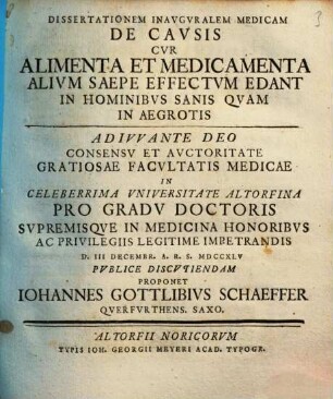 Dissertationem Inauguralem Medicam De Causis Cur Alimenta Et Medicamenta Alium Saepe Effectum Edant In Hominibus Sanis Quam In Aegrotis ... Publice Discutiendam Proponet Johannes Gottlibius Schaeffer Querfurthens. Saxo.