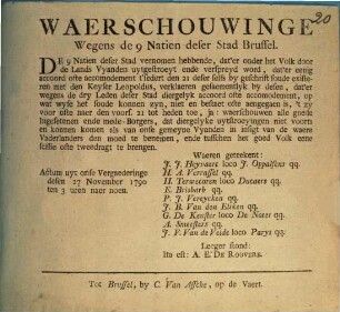 Waerschouwinge Wegens de 9 Natien deser Stad Brussel
