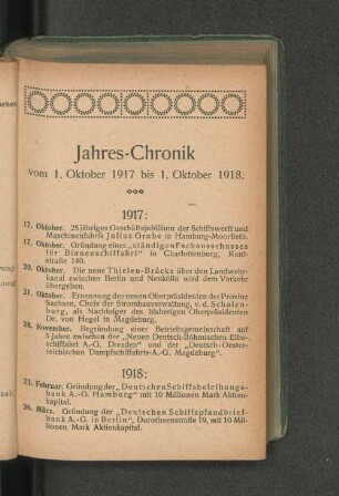 Jahres-Chronik vom 1. Oktober 1917 bis 1. Oktober 1918.