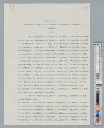 Entwurf einer Erklärung zu dem Schumacher'schen Universitätsbauplan