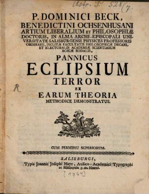 Pannicus eclipsium terror, ex earum theoria demonstratus