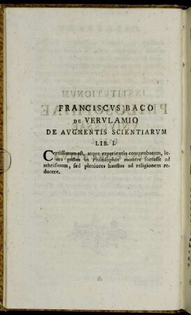 [Epigraph] Franciscus Baco De Verulamio De Augmentis Scientiarum Lib. I.