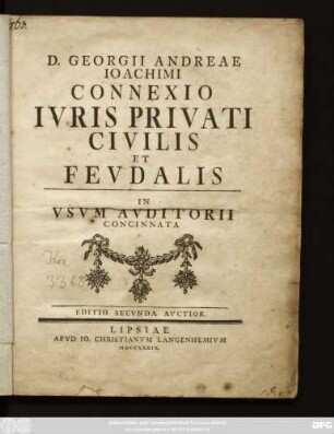 D. Georgi Andreae Ioachimi Connexio Ivris Privati Civilis Et Feudalis : In Vsvm Avditorii Concinnata