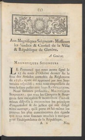 Aux Magnifiques Seigneurs, Messieurs les Sindics & Conseil de la Ville & République de Genève