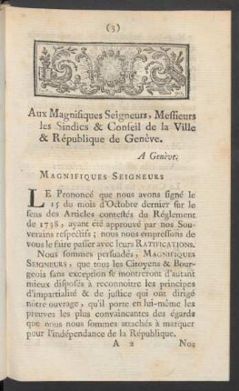 Aux Magnifiques Seigneurs, Messieurs les Sindics & Conseil de la Ville & République de Genève