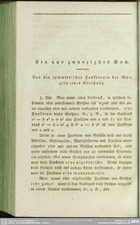 Ein und zwanzigstes Buch. Von den symmetrischen Funktionen der Wurzeln einer Gleichung
