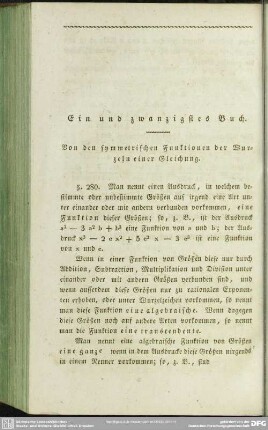 Ein und zwanzigstes Buch. Von den symmetrischen Funktionen der Wurzeln einer Gleichung