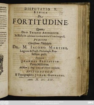 Disputatio V. Ethica De Fortitudine