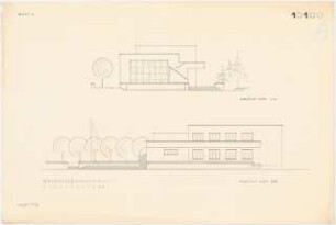 Gymnastikschule am See Monatskonkurrenz Dezember 1932: Aufriss Gartenansicht, Seitenansicht; Maßstabsleiste