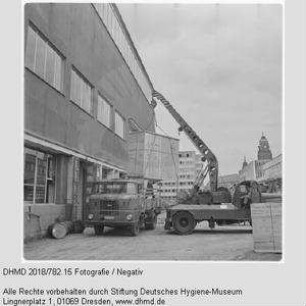 Verladen einer Gläsernen Kuh zum Transport nach Mexiko