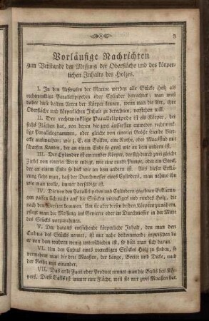 Vorlaeufige Nachrichten zum Verstande der Messung der Oberflaeche und des koerperlichen Inhalts des Holzes