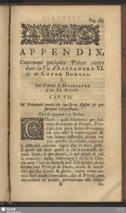 Appendix, Contenant quelques Pieces citées dans la Vie d'Alexandre VI. & de Cesar Borgia