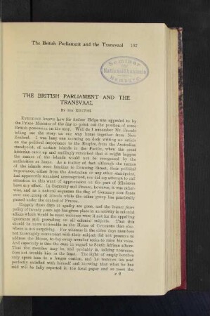 The British Parliament and the Transvaal.