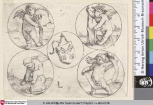 [Leydener Wappen umrahmt von 4 Putten; Coat of arms of the city of Leyden in a circle, surrounded by four putti in circles]