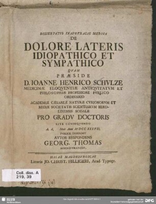 Dissertatio Inauguralis Medica De Dolore Lateris Idiopathico Et Sympathico