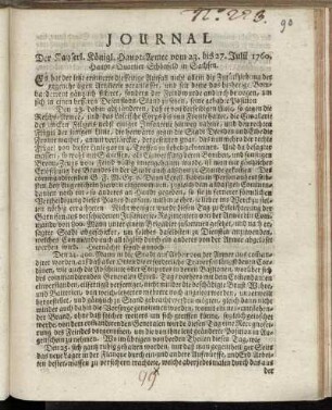 Journal Der Kayserl. Königl. Haupt-Armee vom 23. bis 27. Julii 1760. Haupt-Quartier Schönfeld in Sachsen.