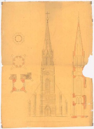 Turmneubau der Kirche, Ranzin: Turm, Ansicht, Schnitt, Grundrisse