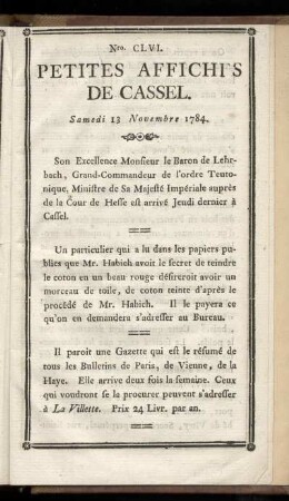 No CLVI (Samedi 13 Novembre 1784)